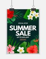 Summer sale poster Natural Background with Tropical Palm and Monstera Leaves exotic flower vector