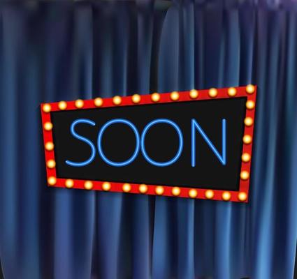 Realistic retro cinema Now Showing announcement board with bulb frame on curtains background