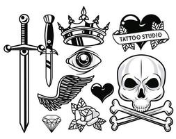 set of monochrome tattoos studio graphics vector