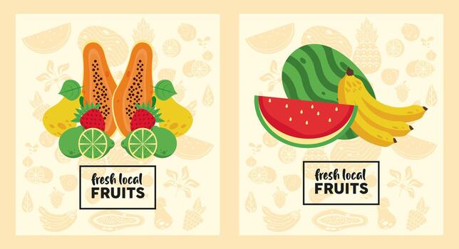 Conjunto de patrones de frutas frescas locales en fondo de color amarillo vector