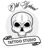 skull head with calligraphy and ribbon tattoo studio graphic vector