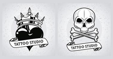 Cráneo y corazón con gráficos de estudio de tatuajes de corona. vector