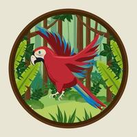 wild tropical parrot bird flying in the jungle circular frame vector