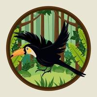 wild toucan bird flying in the jungle circular frame vector