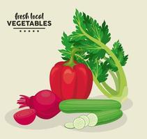 Letras de verduras locales frescas en fondo beige vector