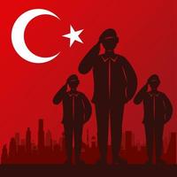 zafer bayrami celebration with soldiers on the city silhouettes vector