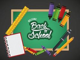 back to school poster with notebook and supplies in chalkboard vector