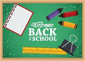 back to school poster with chalkboard and notebook vector