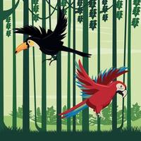 wild toucan and parrot birds flying in the jungle scene vector