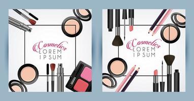 letterings and make up cosmetics squares frames in white backgrounds vector