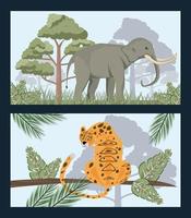 elefante salvaje y leopardo en la jungla escena de naturaleza salvaje vector