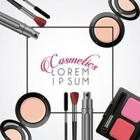 lettering and makeup cosmetics square frame in white background vector