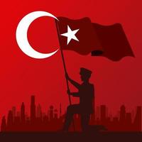 zafer bayrami celebration with turkey soldier waving flag vector