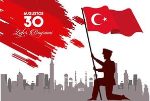 zafer bayrami celebration with turkey soldier and flag vector