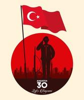 zafer bayrami celebration with soldier and flag silhouette vector