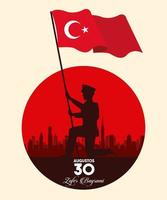 zafer bayrami celebration with soldier waving flag vector