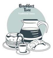 breakfast time lettering poster with coffee and ingredients vector