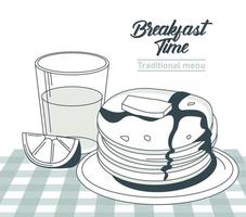 breakfast time lettering in circular frame poster with orange juice and pancakes in table vector