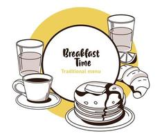 Letras de la hora del desayuno en un cartel de marco circular con panqueques y bebidas