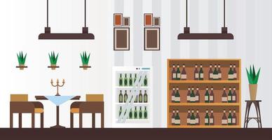 Elegante mesa y sillas con botellas de vino en estanterías de muebles de restaurante. vector