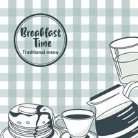 breakfast time lettering in circular frame poster with ingredients in table clothes vector