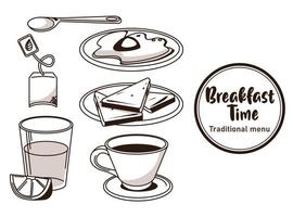 breakfast time lettering in circular frame poster with bundle ingredients vector