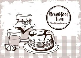 breakfast time lettering in circular frame poster with orange juice and pancakes vector