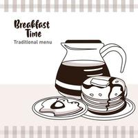 Cartel de letras de la hora del desayuno con tarro de café y huevo frito vector