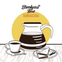 Cartel de letras de la hora del desayuno con jarra de café y taza vector