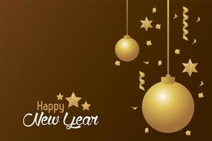 happy new year card with golden balls hanging vector