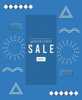 store online sale lettering in blue memphis background vector