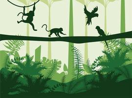 selva salvaje naturaleza color verde paisaje con monos y loros escena vector