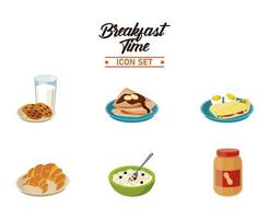 breakfast time lettering poster with bundle of six ingredients vector