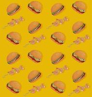 hamburgers and shrimp skewers delicious fast food pattern vector