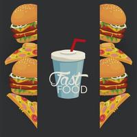 hamburguesas y porciones de pizza con refresco delicioso icono de comida rápida vector