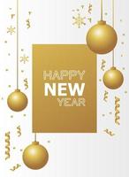 happy new year card with golden balls and confetti in square frame vector