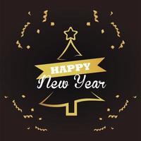 happy new year lettering card with golden christmas tree vector