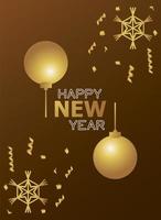 happy new year card with golden balls and snowflakes vector