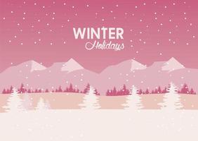 beauty pink winter landscape with mountains and trees pines vector