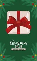 merry christmas sale lettering with gift and leafs frame vector