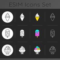 Ice cream types dark theme icons set vector