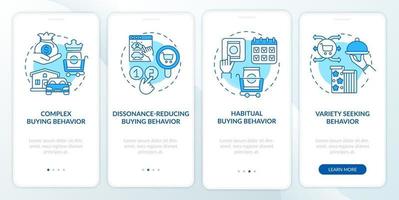 Buyer behavior types onboarding mobile app page screen with concepts vector