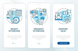 RFM model analytics onboarding mobile app page screen with concepts vector