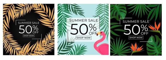 Abstract Summer Sale Background with palm leaves and flamingo collection set vector