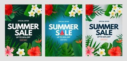 Venta de verano a4 conjunto de póster vertical fondo natural con hojas de palmeras tropicales exóticas plumeria y flor de hibisco vector