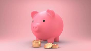 gouden munten die in een spaarvarken vallen en roze spaarvarken worden groter bij het ontvangen van munten video