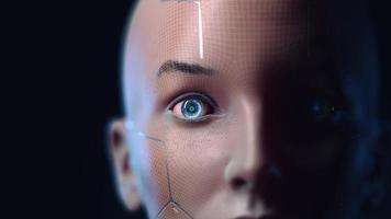 Porträt eines futuristischen Mannes mit einem glatten Kamera-Zoom-Konzept der menschlichen Zukunft und der Technologieentwicklung