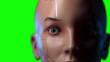 Ritratto di uomo futuristico con il concetto di zoom fotocamera liscia del futuro umano e video di sviluppo tecnologico su sfondo verde