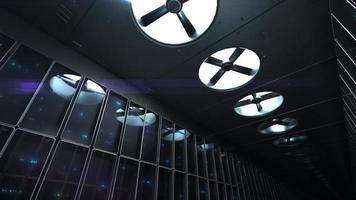 gran sala de servidores con ventiladores enorme animación de bucle de intercambio de datos y cálculo