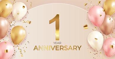 1 Anniversary design with Confetti and balloons for Party Holiday Background vector